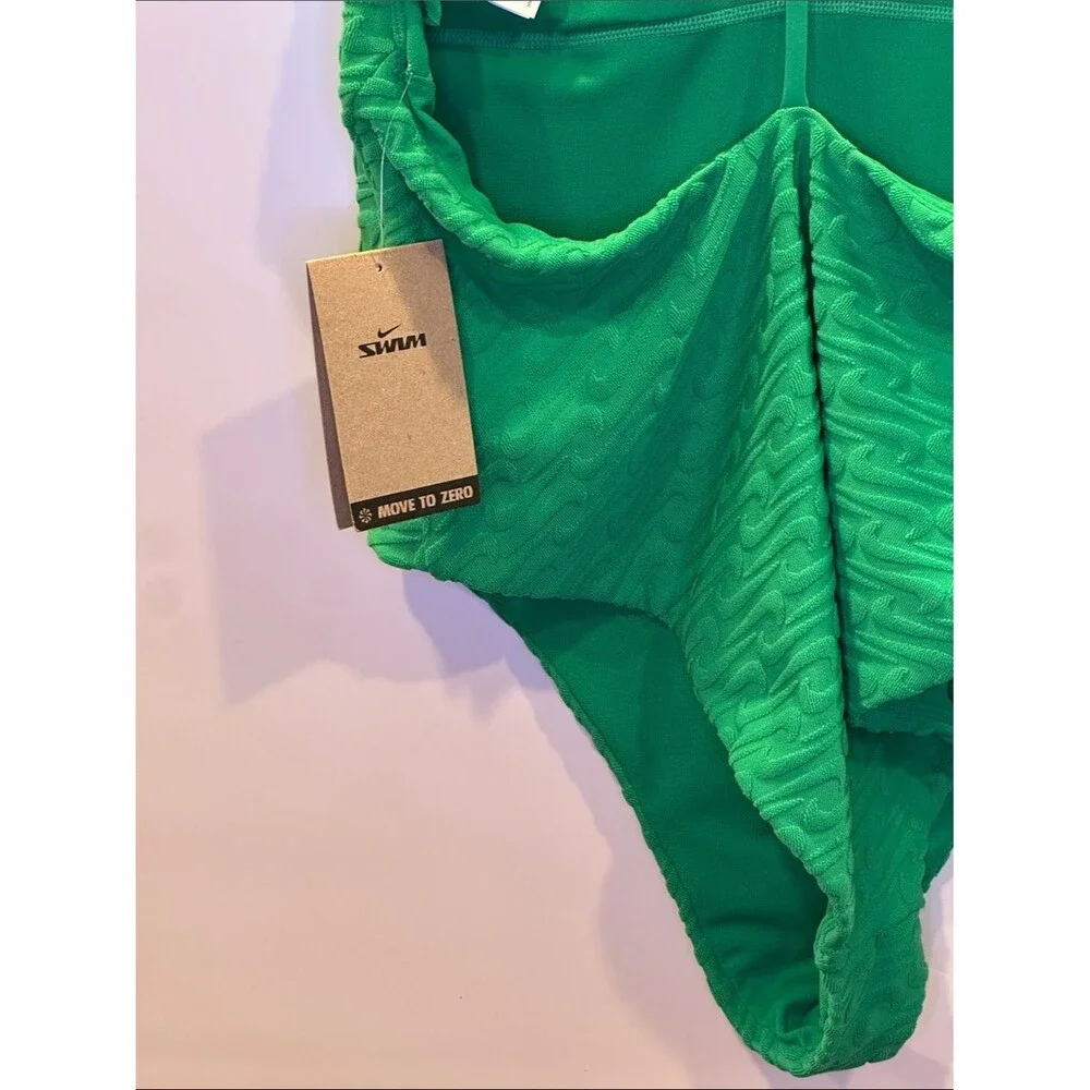 NIKE Swoosh Textured One Piece Swimsuit V Neck Y Back NEW Green Terry Large